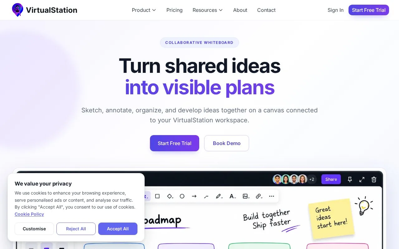 Screenshot of the VirtualStation Whiteboards homepage