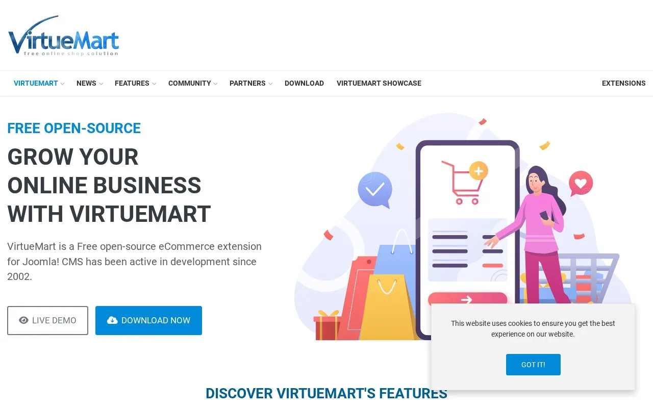 Screenshot of the VirtueMart homepage