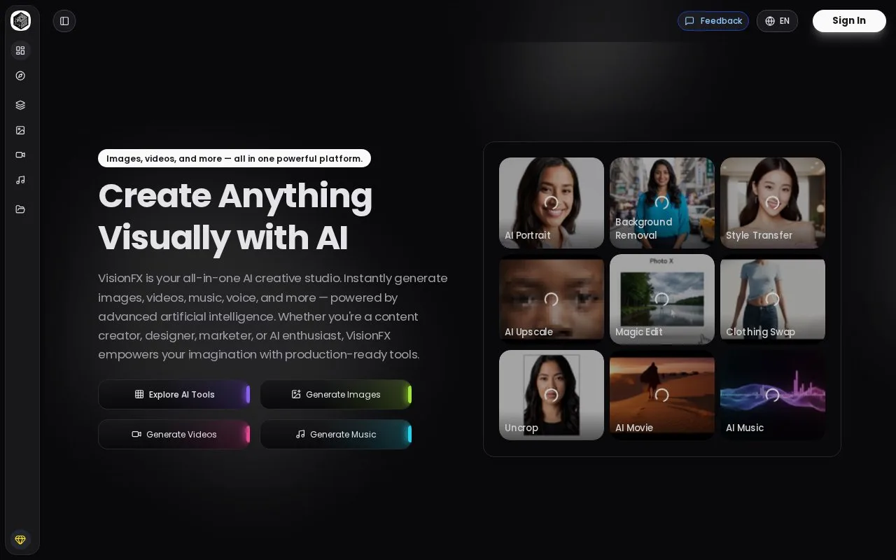 Screenshot of the VisionFX homepage