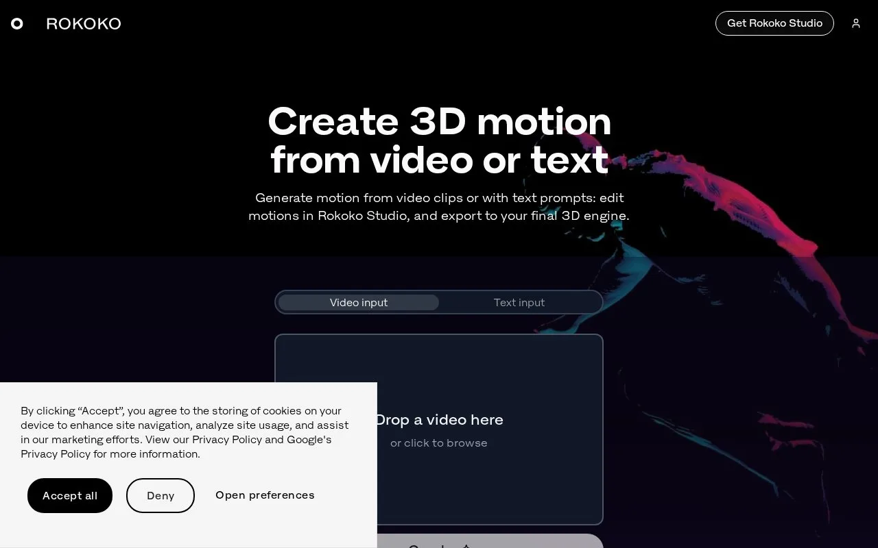 Screenshot of the Rokoko Create homepage
