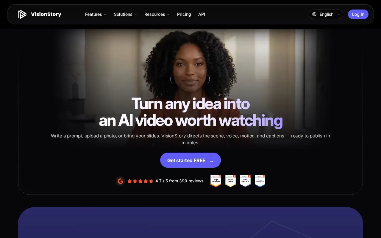 Screenshot of the VisionStory homepage