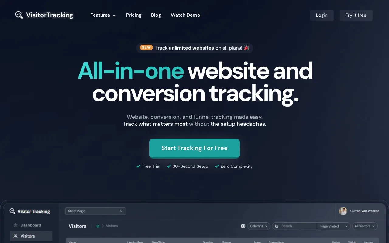 Screenshot of the Visitor Tracking homepage