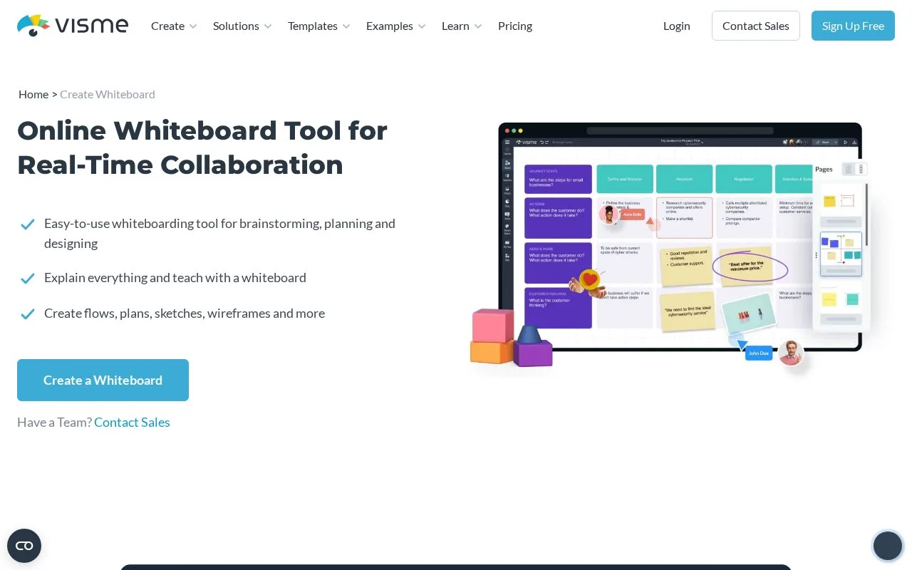 Screenshot of the Visme Online Whiteboard homepage