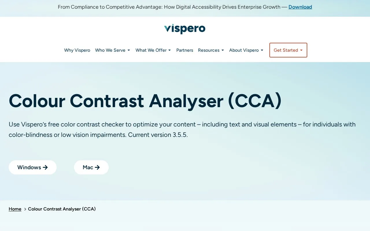 Screenshot of the Colour Contrast Analyser homepage