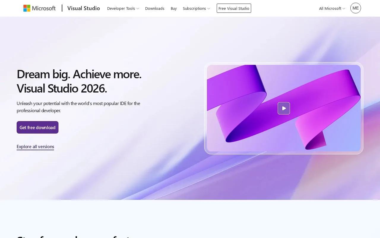 Screenshot of the Visual Studio homepage