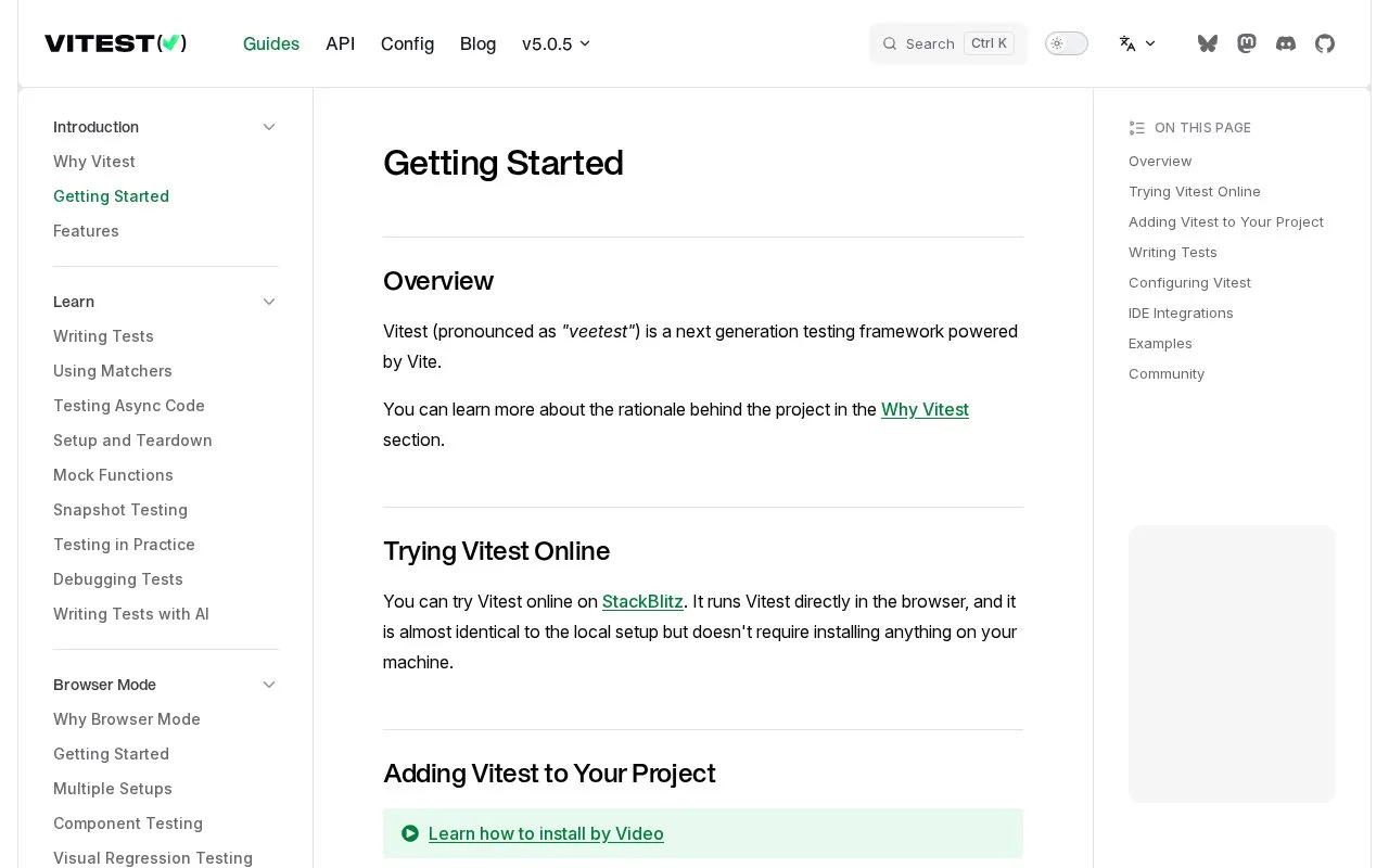Screenshot of the Vitest homepage