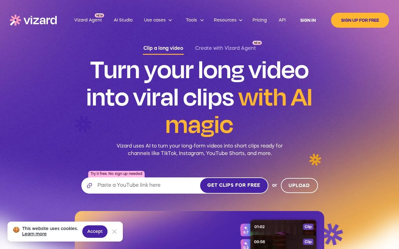 Screenshot of the Vizard.ai homepage