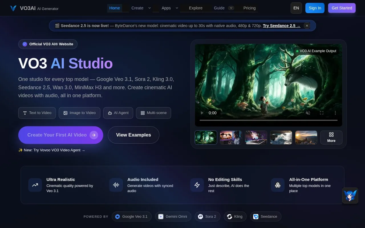 Screenshot of the VO3 AI homepage
