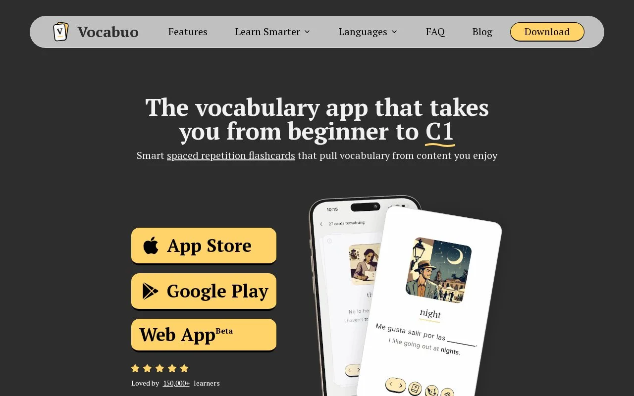 Screenshot of the Vocabuo homepage
