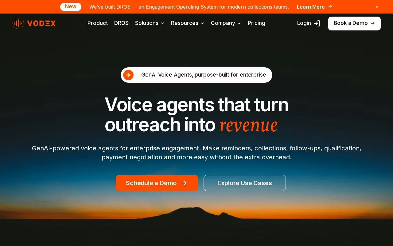 Screenshot of the Vodex homepage