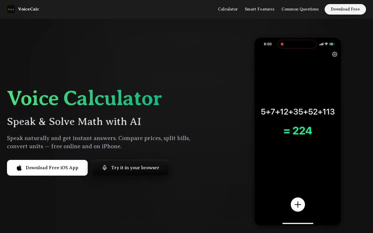 Screenshot of the Voice Calculator homepage