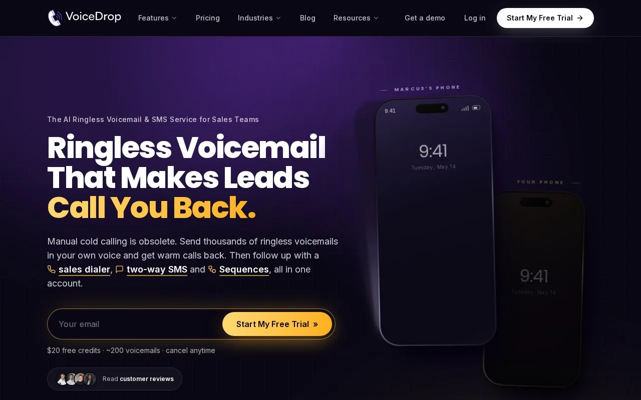 Screenshot of the VoiceDrop homepage
