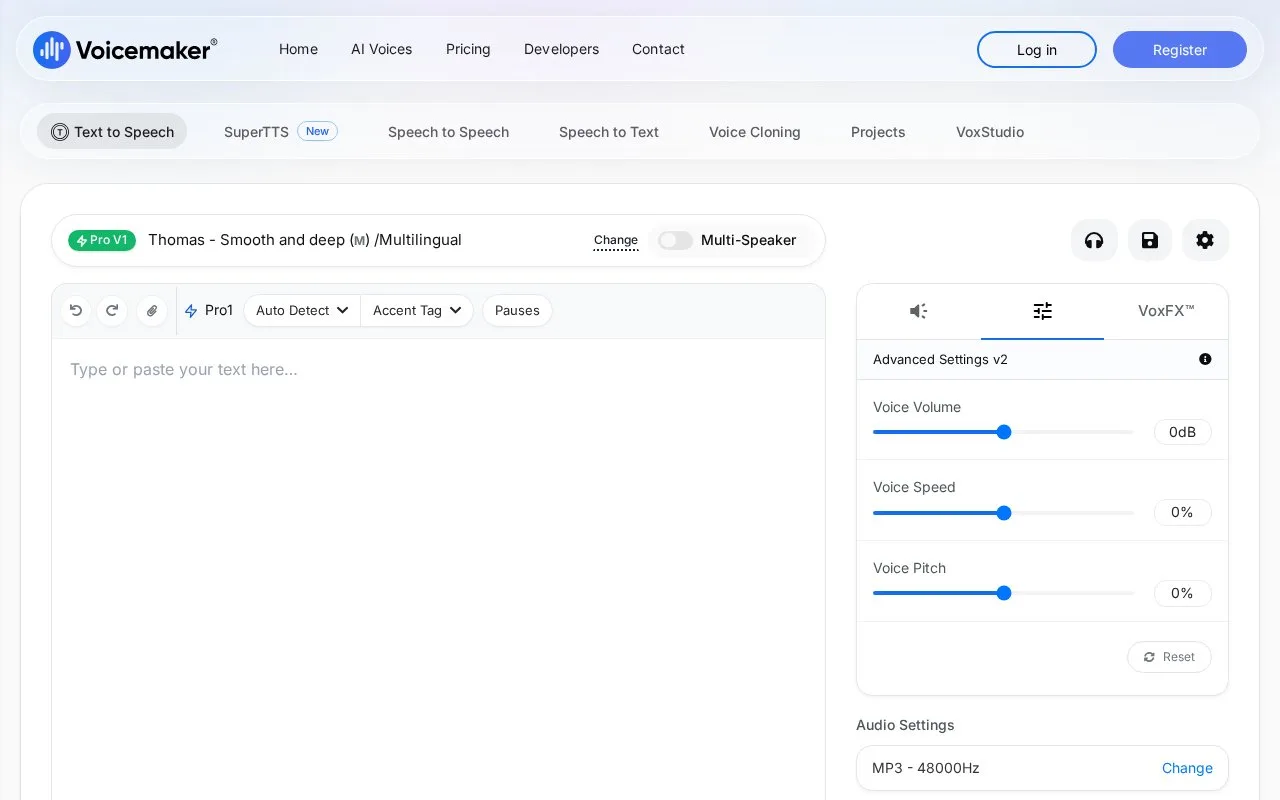 Screenshot of the Voicemaker homepage