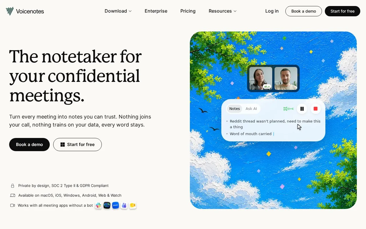 Screenshot of the Voicenotes homepage