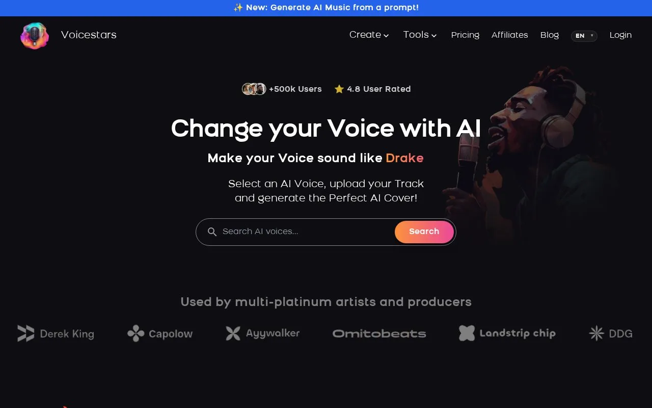 Screenshot of the Voicestars homepage