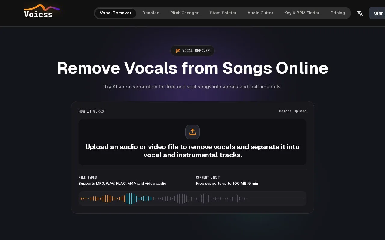 Screenshot of the Voicss homepage