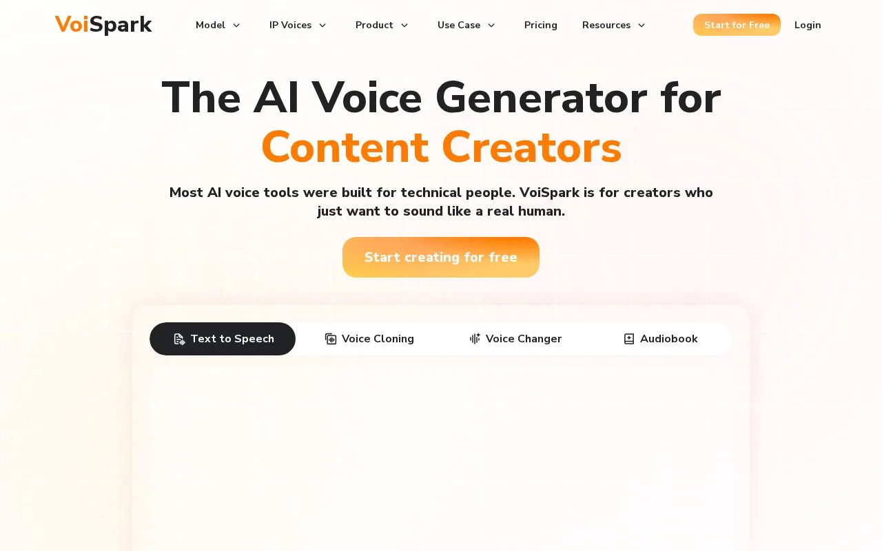 Screenshot of the VoiSpark homepage