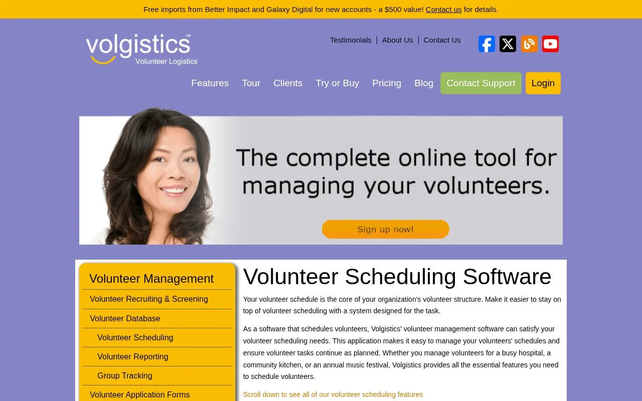 Screenshot of the Volgistics homepage