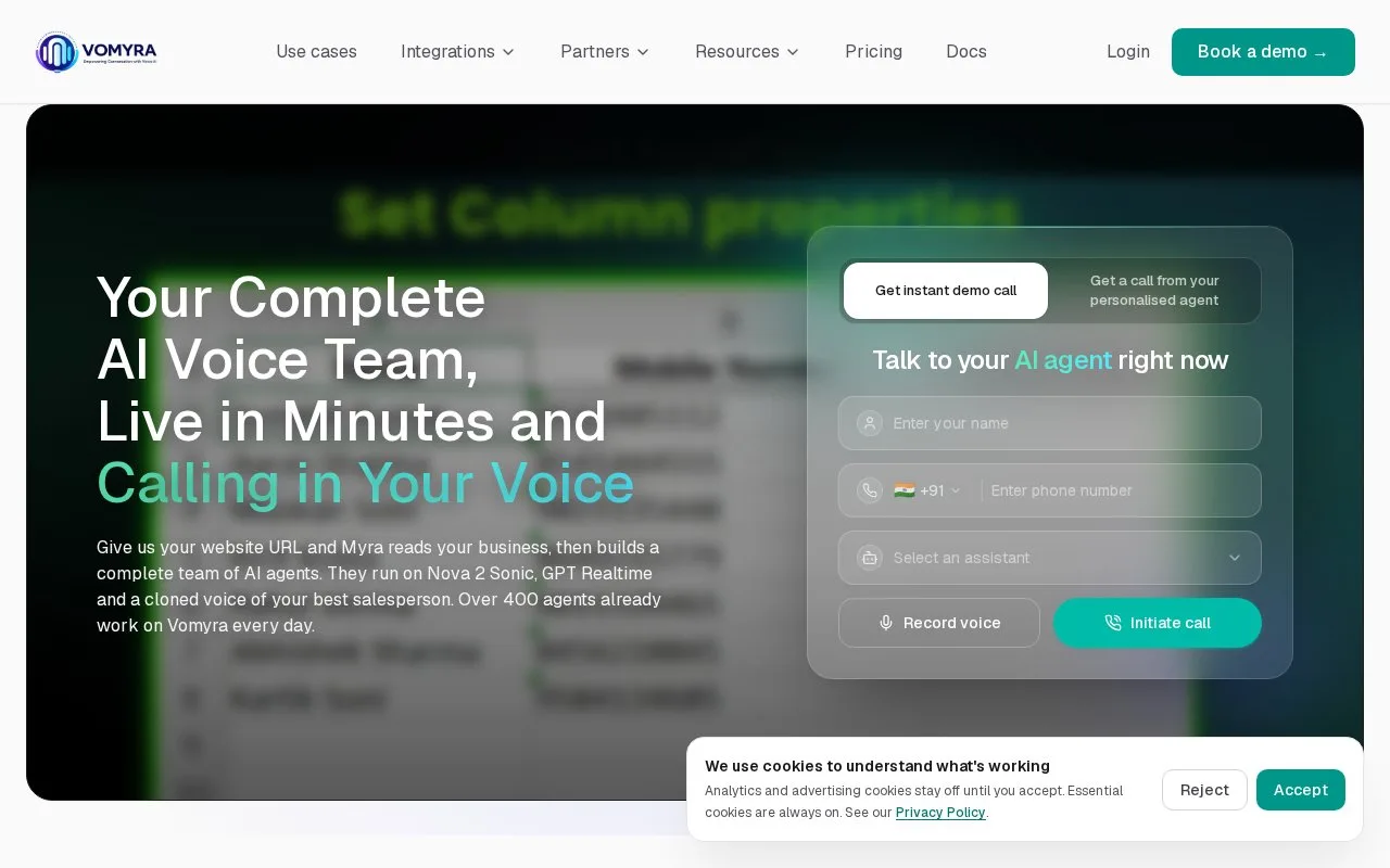 Screenshot of the Vomyra homepage