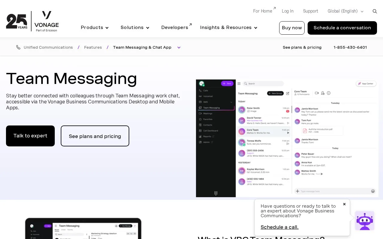 Screenshot of the Vonage Team Messaging homepage