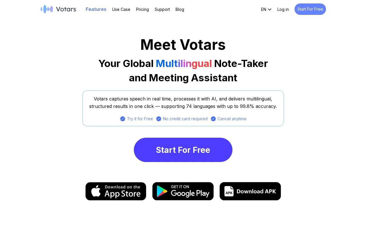 Screenshot of the Votars homepage