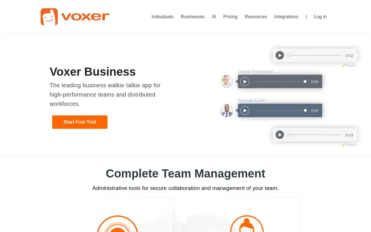 Screenshot of the Voxer Business homepage