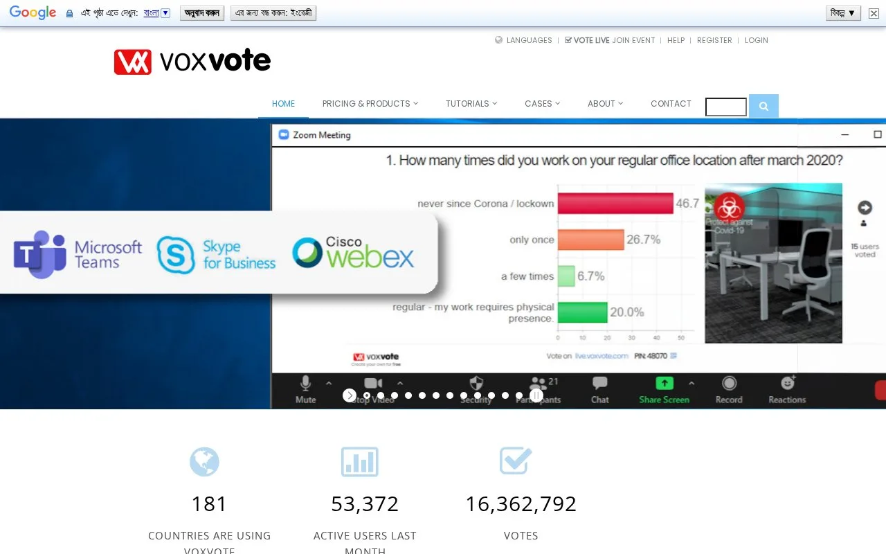 Screenshot of the VoxVote homepage
