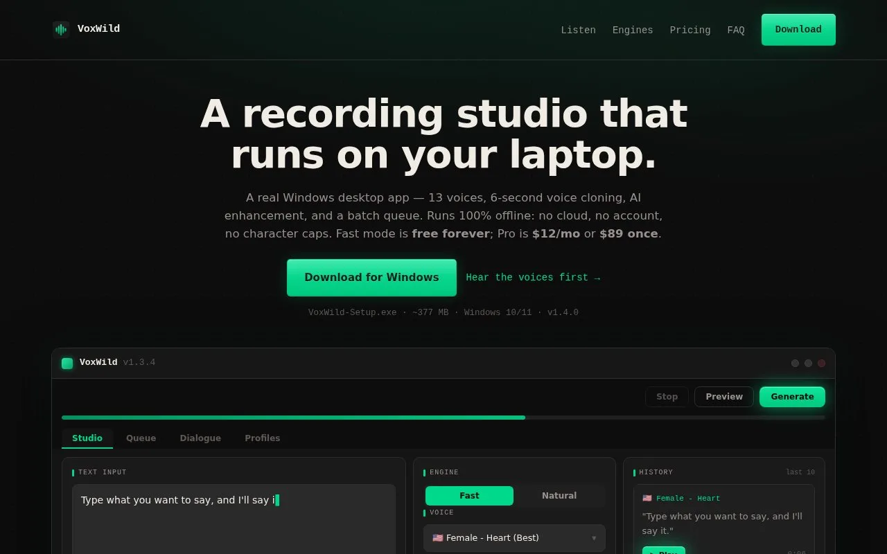 Screenshot of the VoxWild homepage