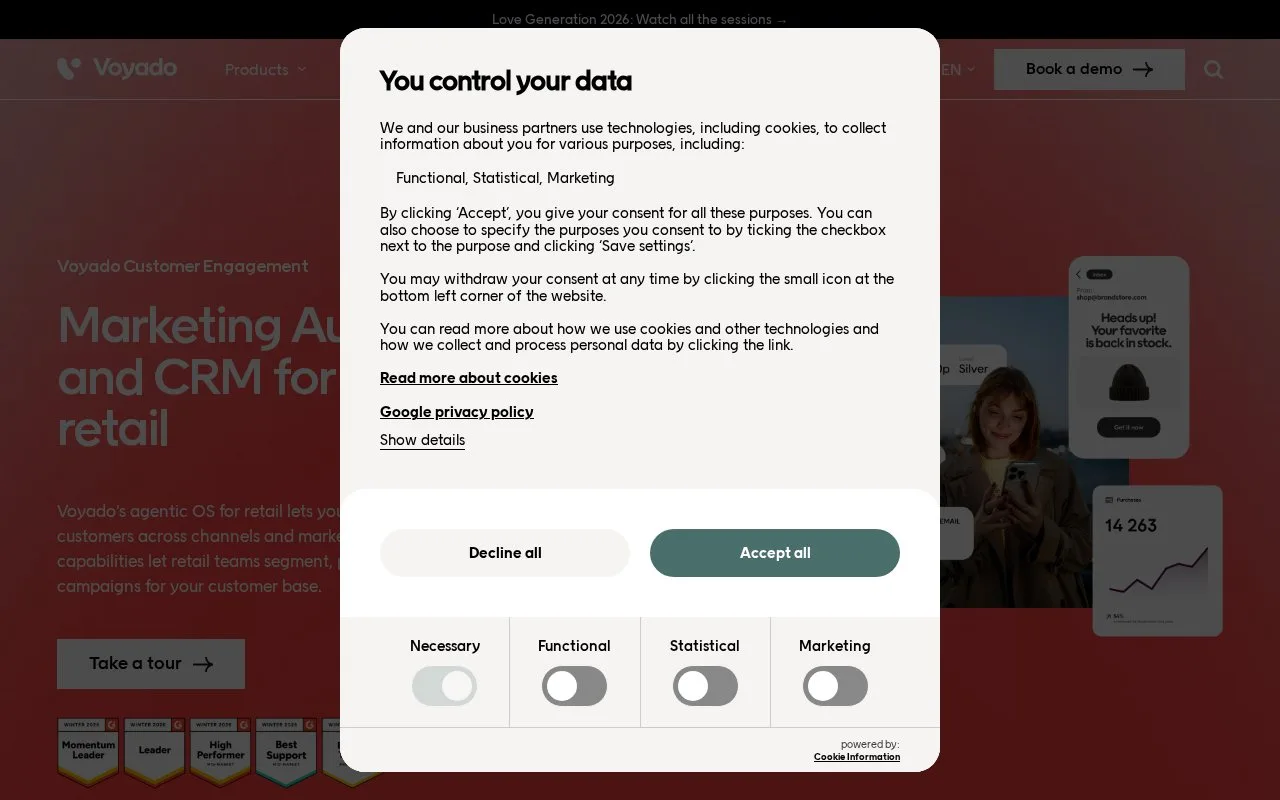 Screenshot of the Voyado Customer Engagement homepage