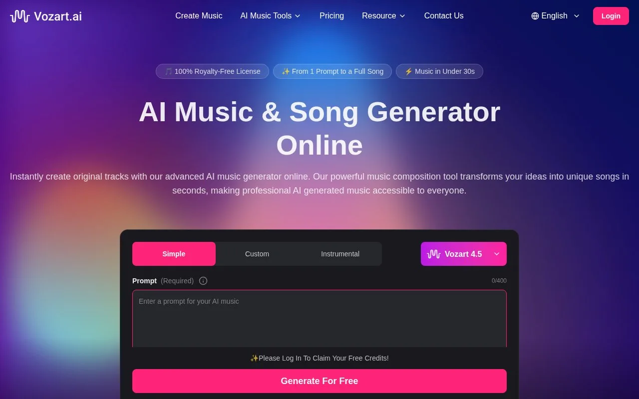 Screenshot of the Vozart homepage