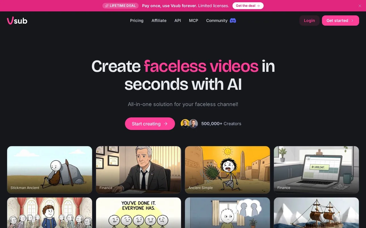 Screenshot of the Vsub homepage