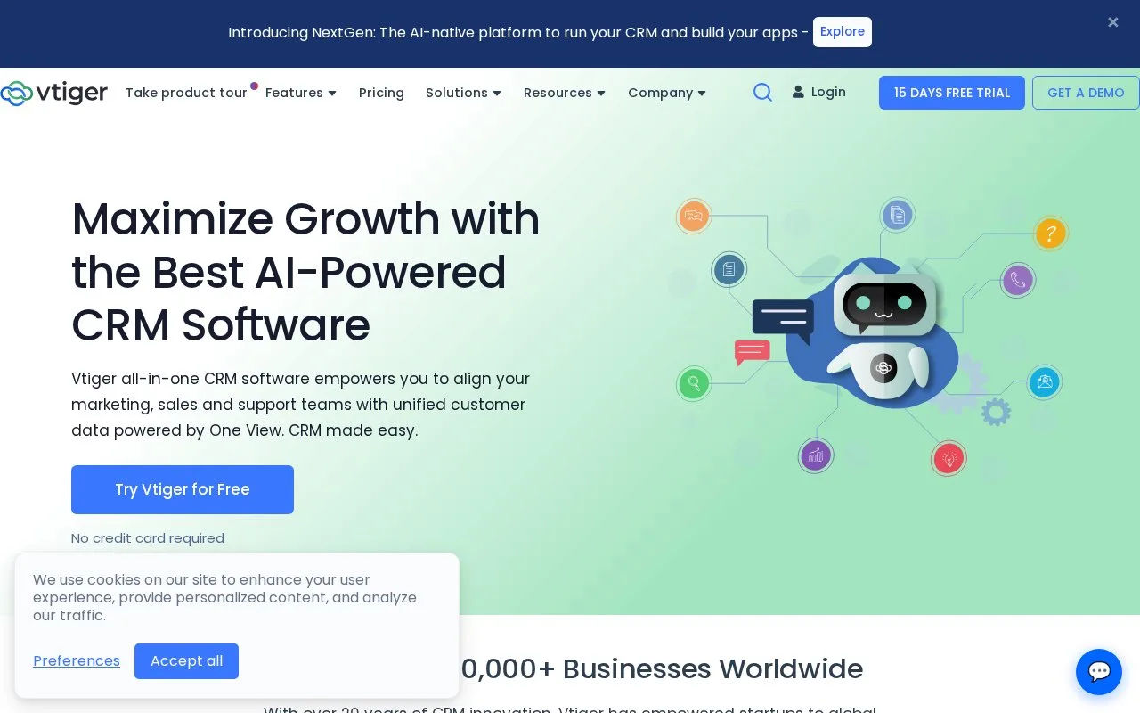 Screenshot of the Vtiger homepage