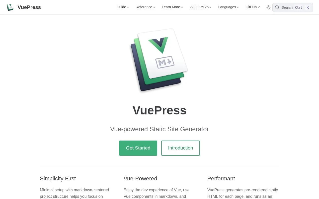 Screenshot of the VuePress homepage
