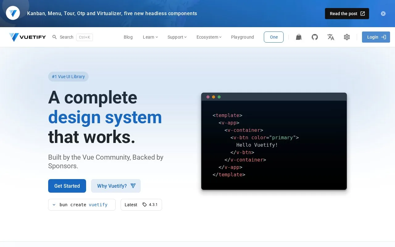 Screenshot of the Vuetify homepage