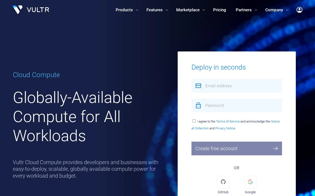 Screenshot of the Vultr Cloud Compute homepage