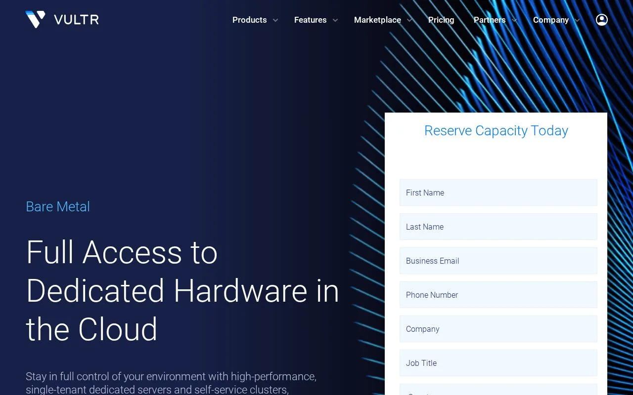 Screenshot of the Vultr Bare Metal homepage
