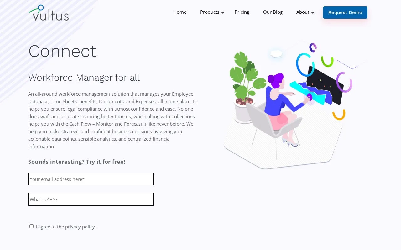 Screenshot of the Vultus Connect homepage