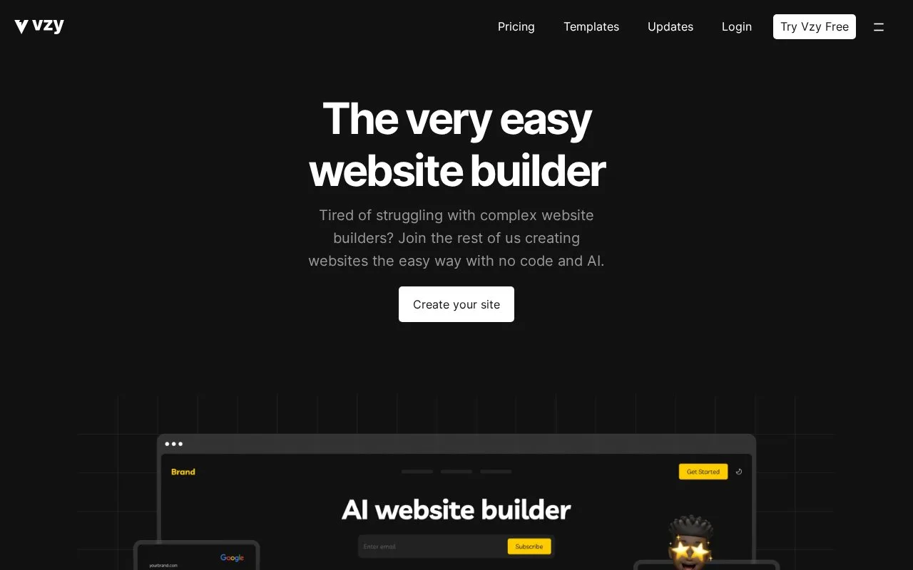 Screenshot of the Vzy homepage