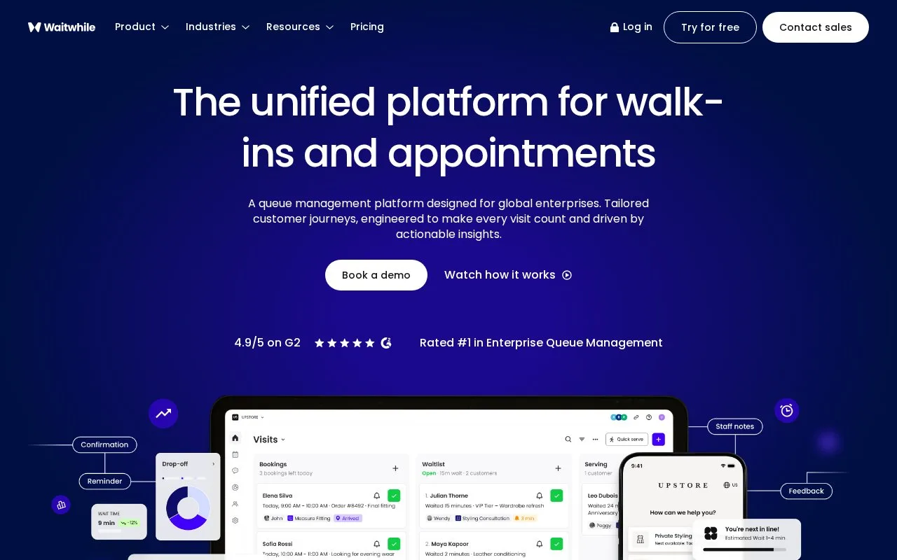 Screenshot of the Waitwhile homepage