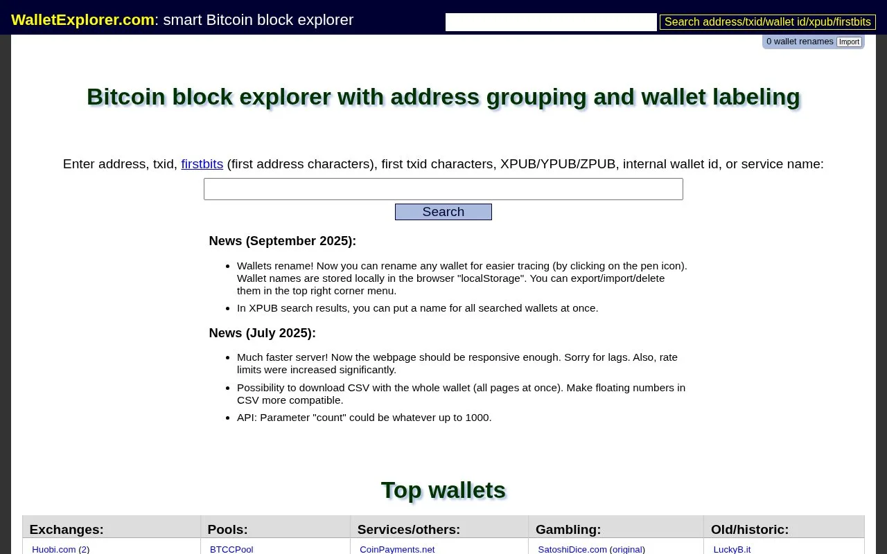 Screenshot of the WalletExplorer homepage