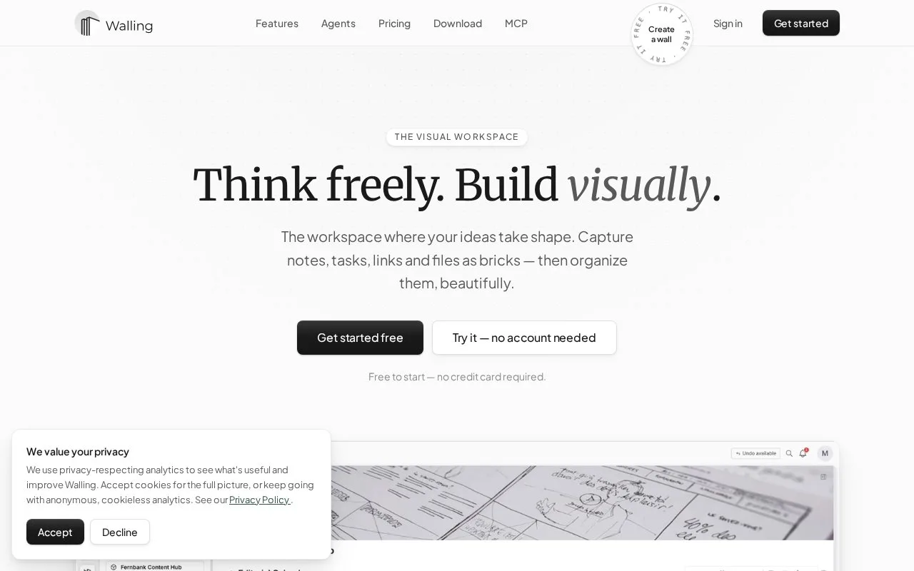 Screenshot of the Walling homepage