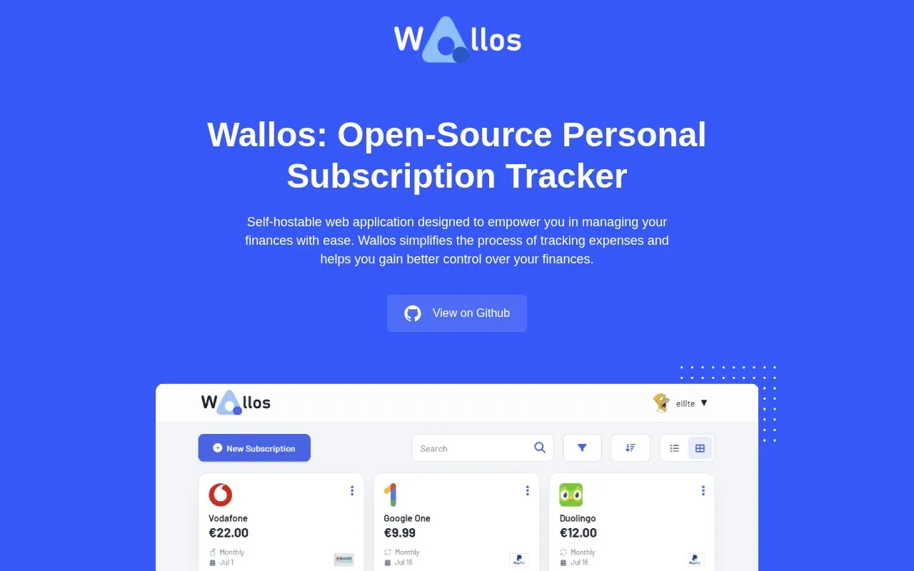 Screenshot of the Wallos homepage