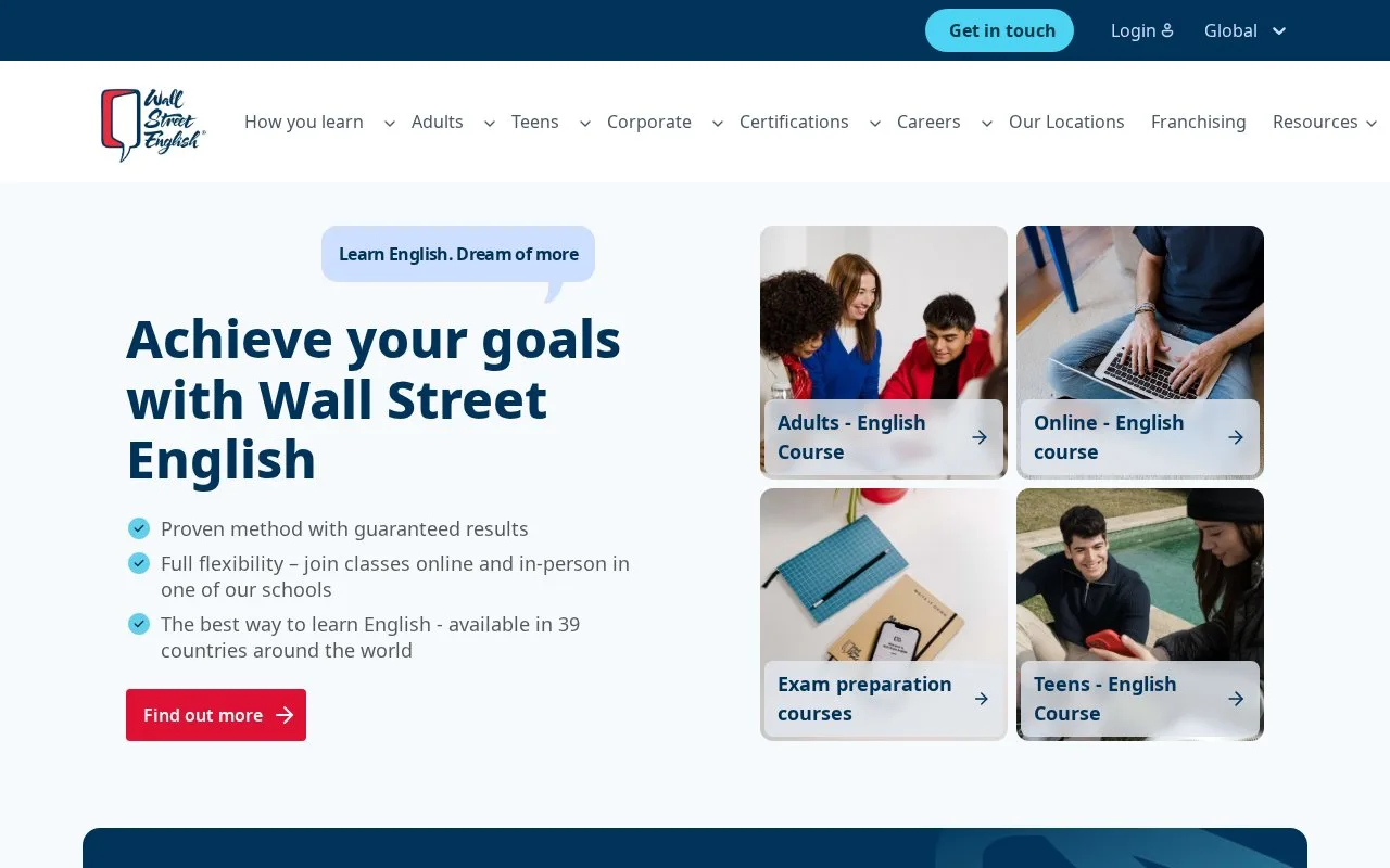 Screenshot of the Wall Street English homepage