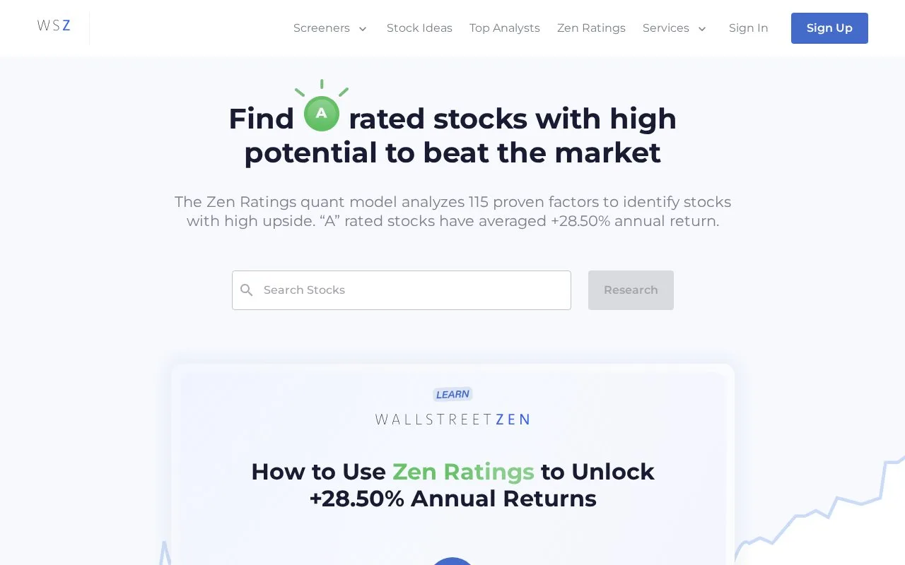 Screenshot of the WallStreetZen homepage