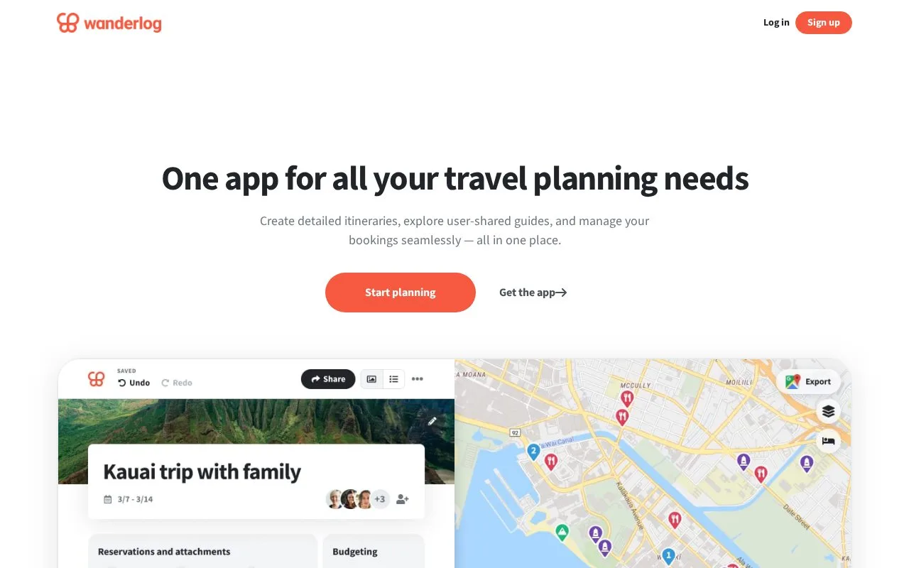 Screenshot of the Wanderlog homepage