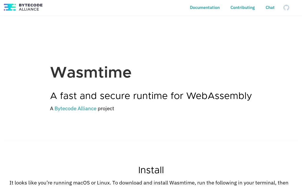 Screenshot of the Wasmtime homepage