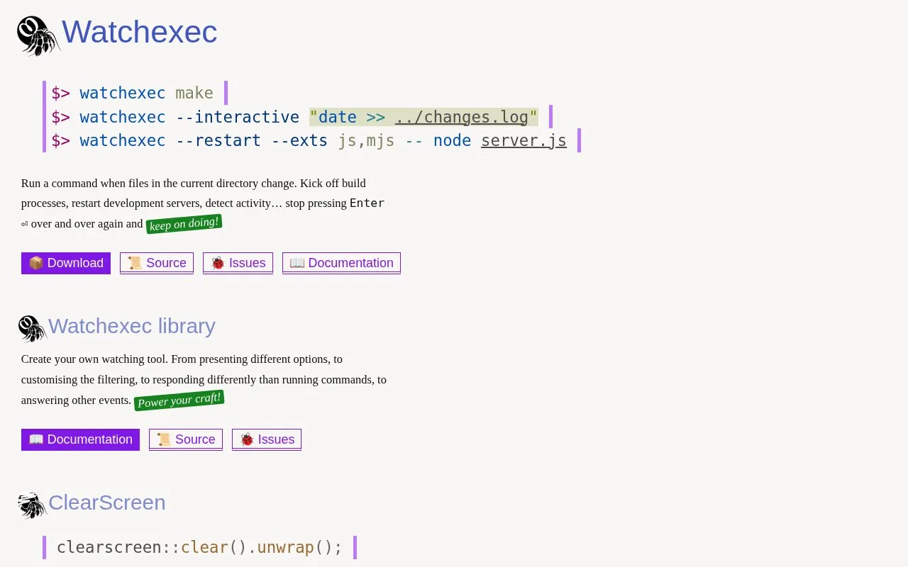 Screenshot of the Watchexec homepage