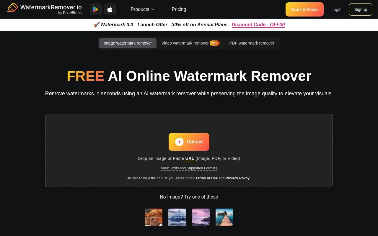 Screenshot of the WatermarkRemover.io homepage