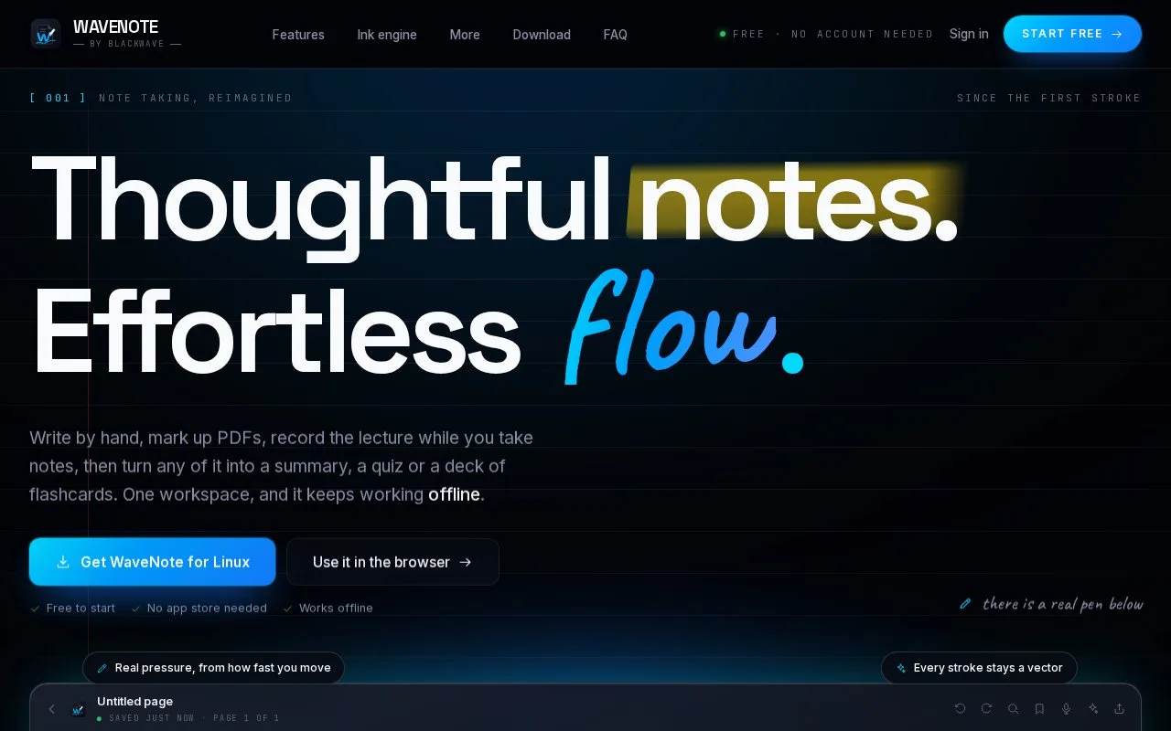 Screenshot of the WaveNote homepage