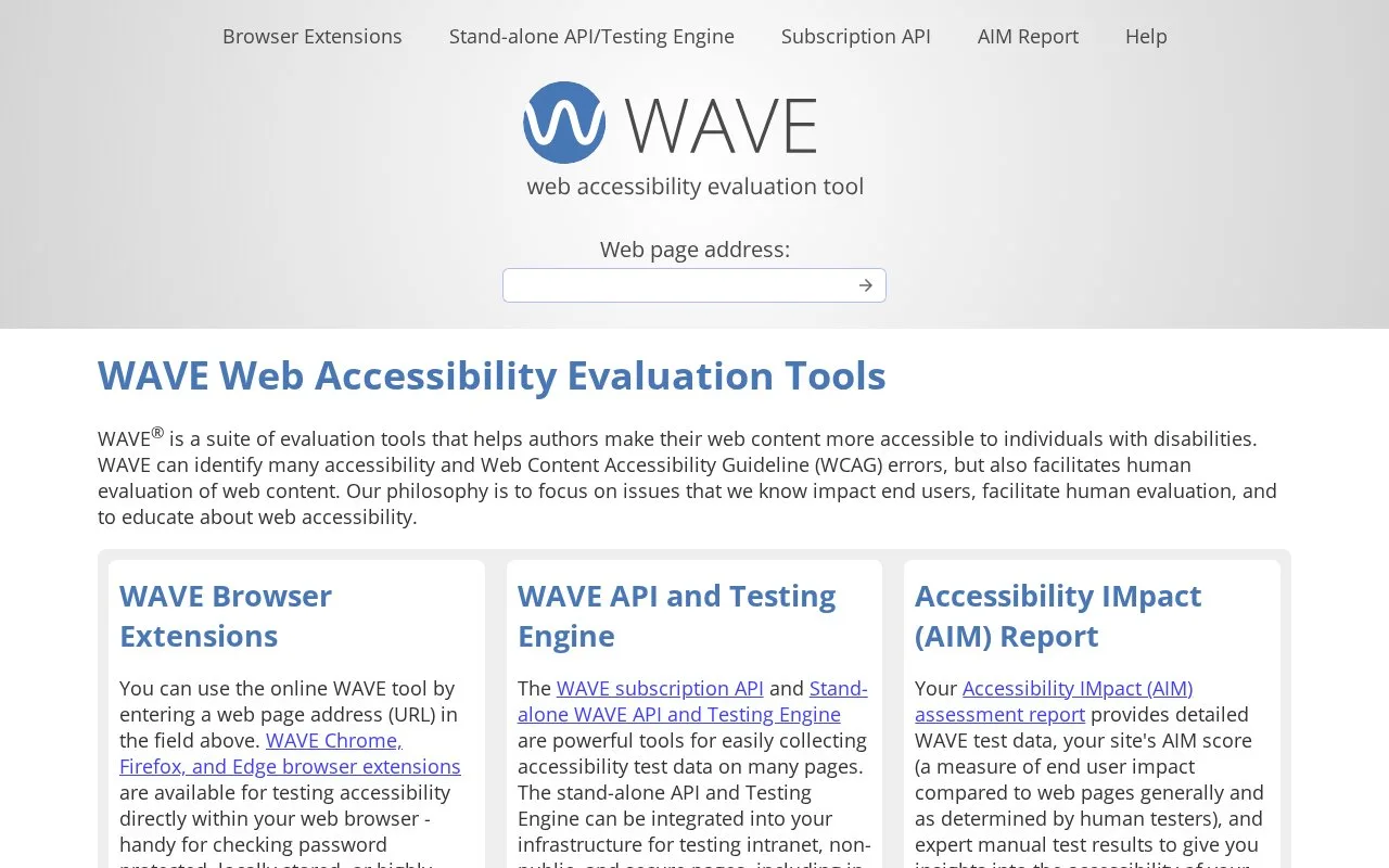 Screenshot of the WAVE homepage